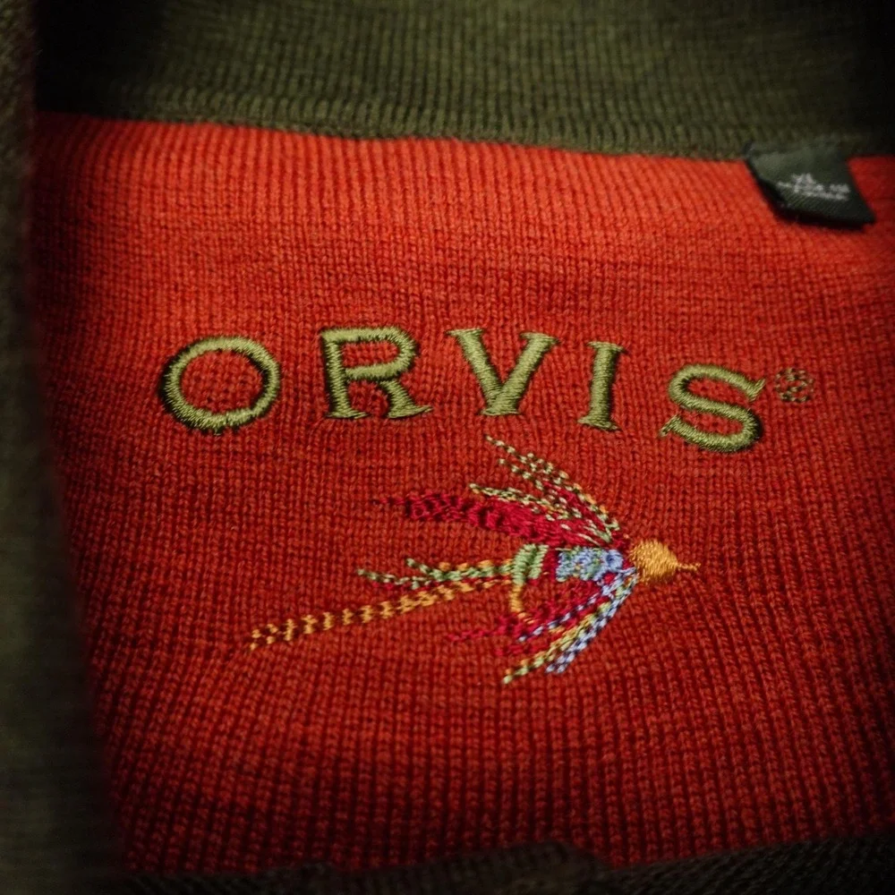 Orvis Sweater Mens XL Green Wool Knit Polo Collar Long Sleeve Pullover Casual
